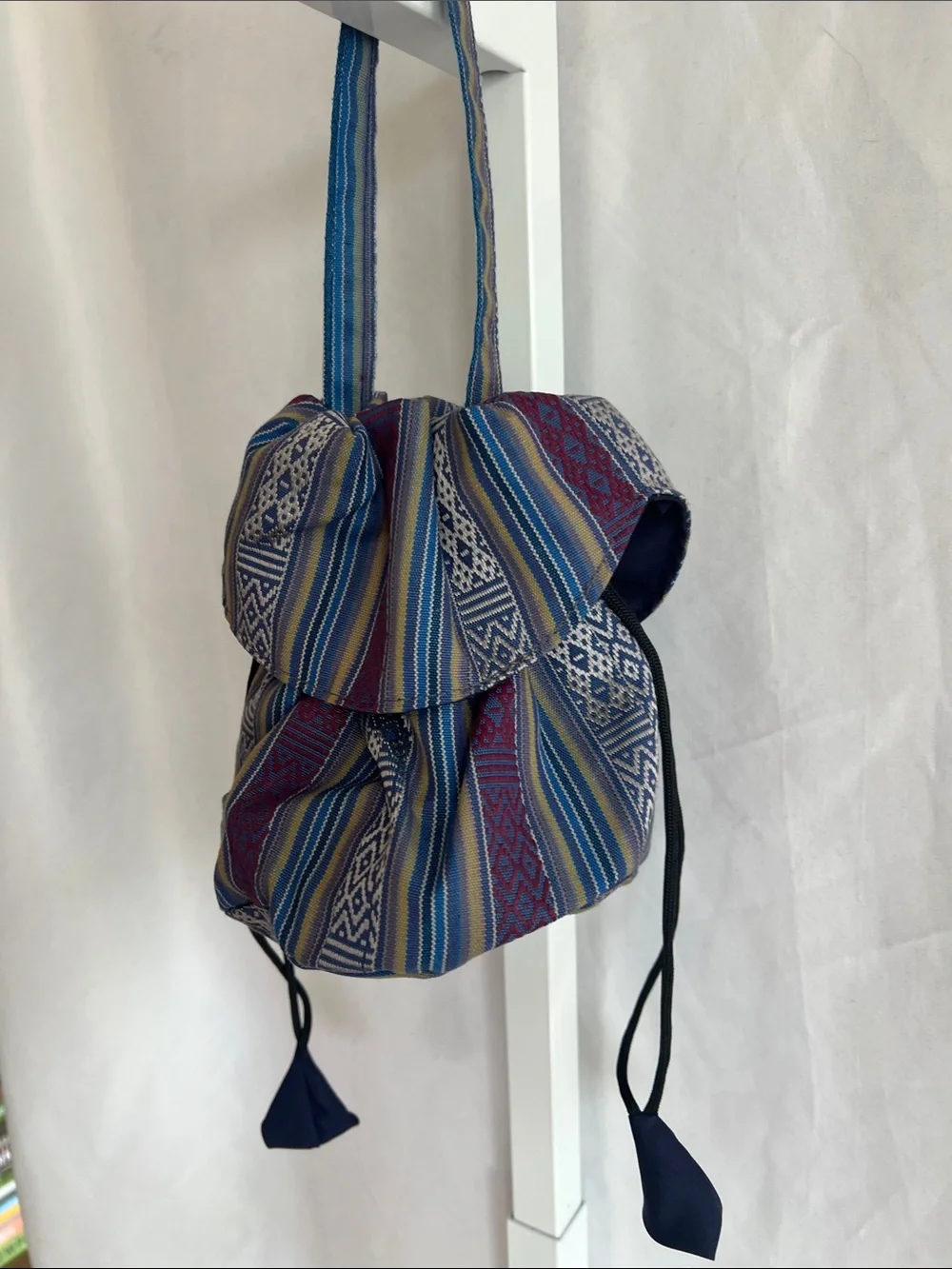 Woven Blue Multi-Stripe Drawstring Bag with Flap on Front & Back Silk Pullstring